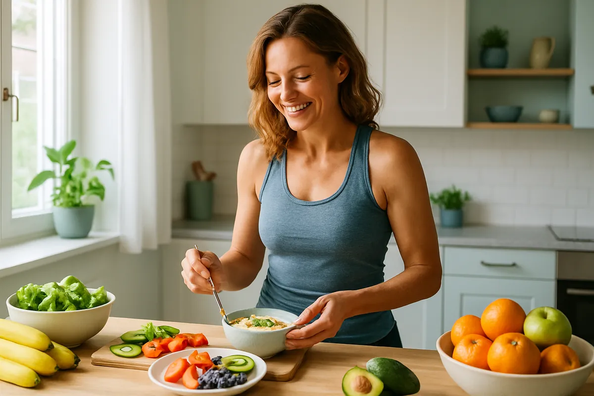 Woman preparing a healthy balanced breakfast in a bright kitchen
