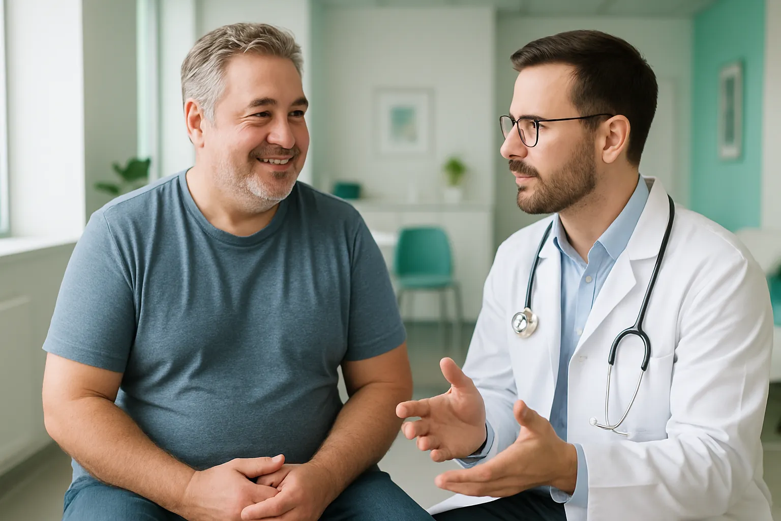 Man consulting a physician about a mens medical weight-loss program