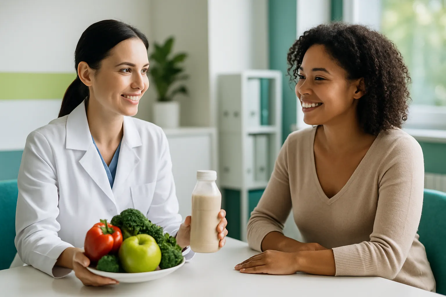 Dietitian discussing a medically supervised meal-replacement plan with a patient at ThinFast MD