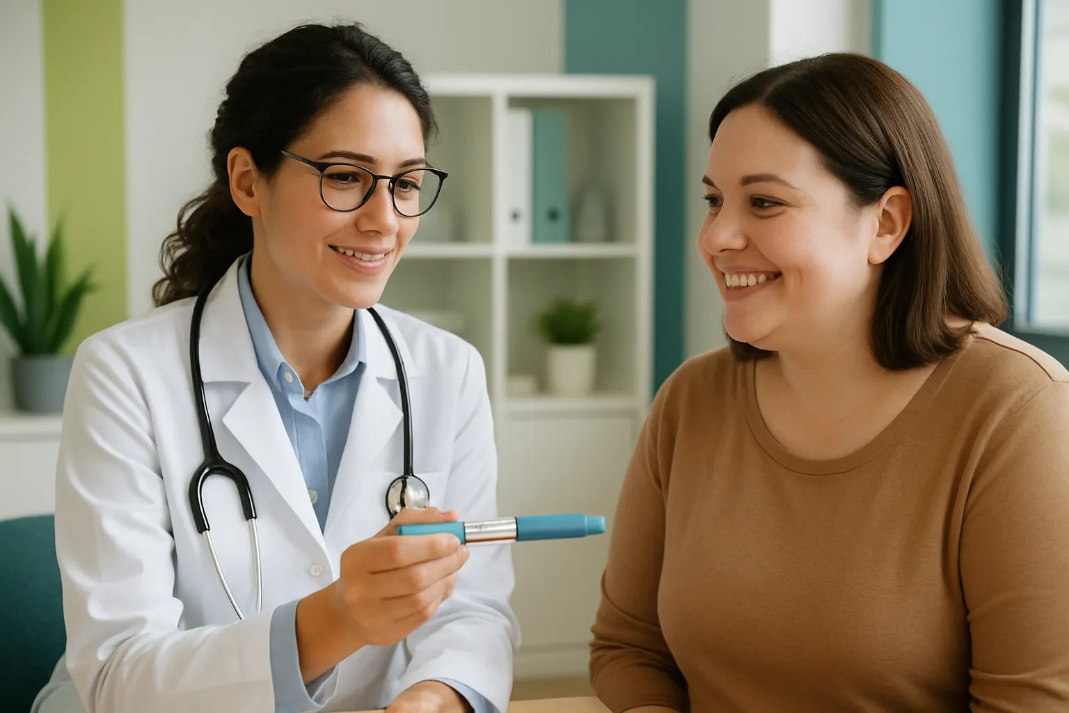 Tirzepatide for Weight Loss (Zepbound & Mounjaro) 1 Physician showing a weekly tirzepatide weight-loss injection pen to a patient